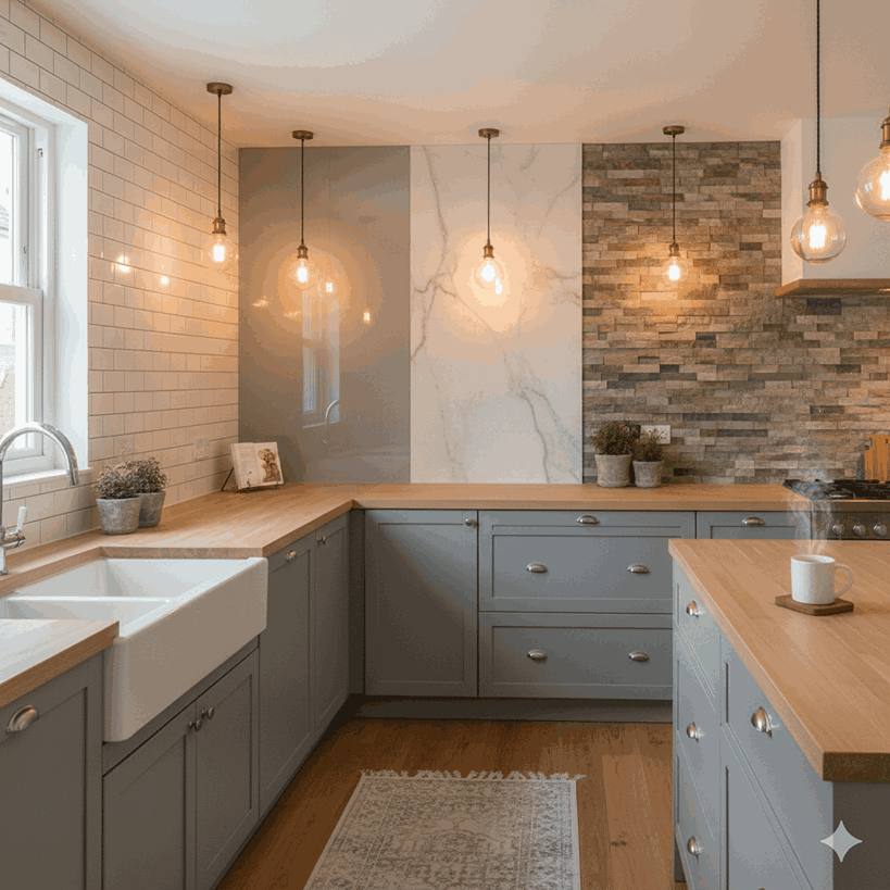 Realistic kitchen backsplash material samples including ceramic, porcelain, marble, stone, glass, and brick.