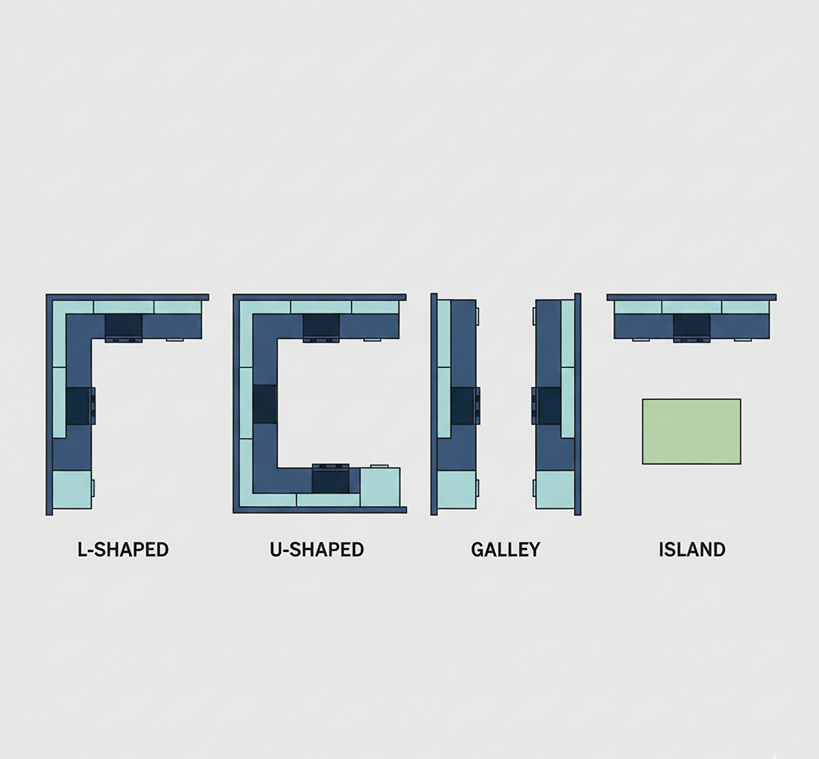 Comparison of L-shaped, U-shaped, galley, and island kitchen layouts for planning