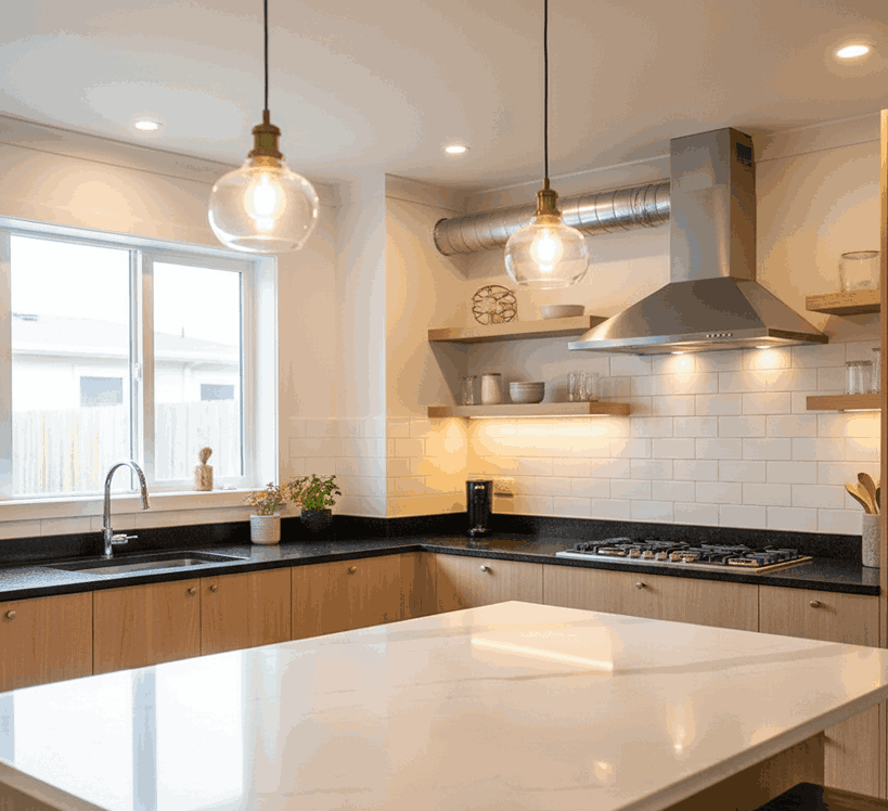 Kitchen showing durable materials, LED lighting layers, and proper ventilation for function and style