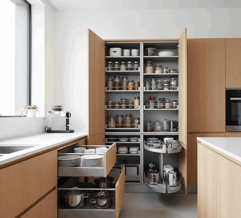 Kitchen storage solutions including pull-out drawers, deep cabinets, and organized pantry