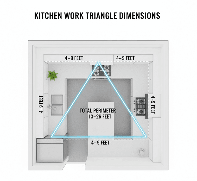 Top-view kitchen layout showing kitchen work triangle dimensions with fridge, stove, and sink distances.