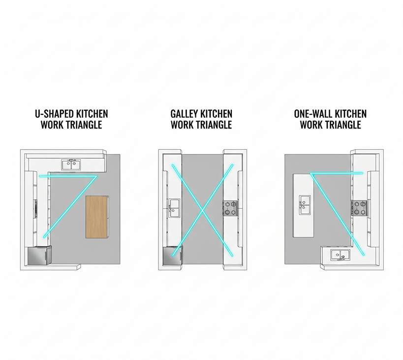 Comparison diagram of U-shaped, galley, and one-wall kitchens showing proper work triangle placement.