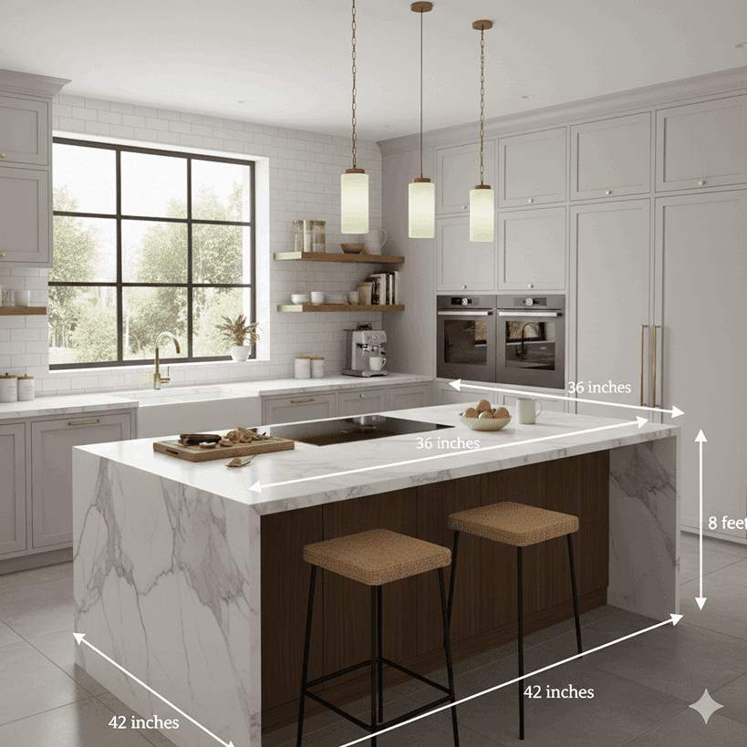 Kitchen island showing proper measurements, walkway clearance, and countertop height for optimal layout