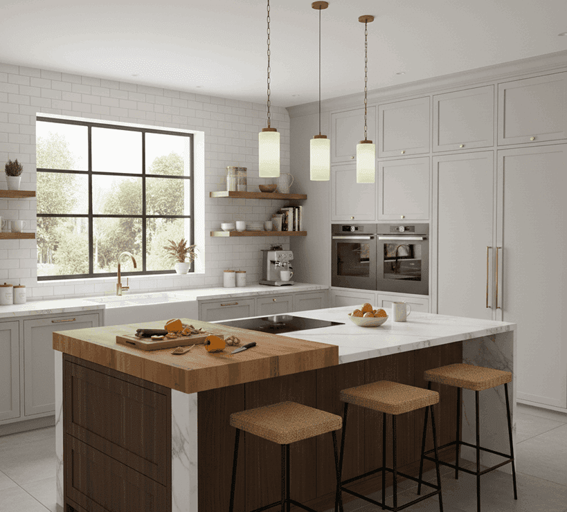 Kitchen island illustrating zones for food prep, casual dining, and storage efficiency