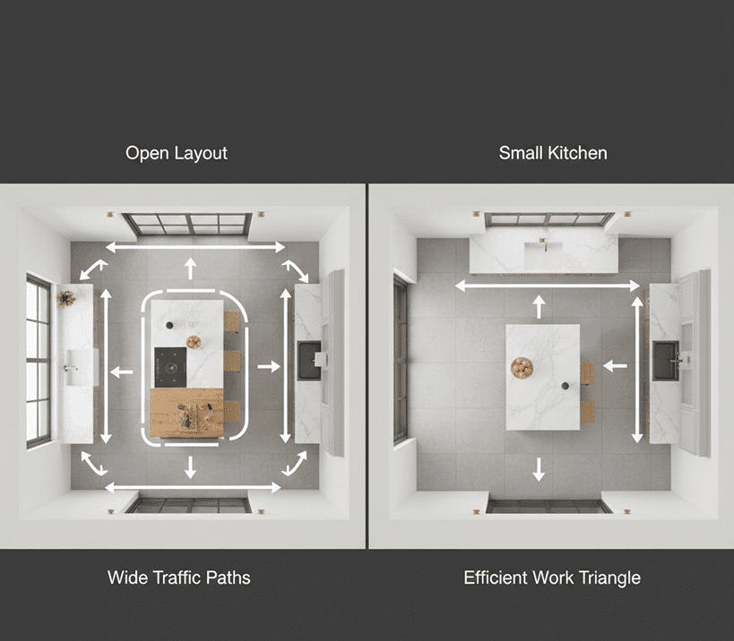 Top-down view of kitchen showing island placement, traffic flow, and layout efficiency