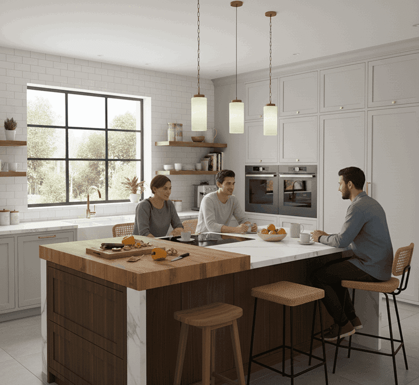 Kitchen island seating layout showing proper overhang, stool spacing, and ergonomics