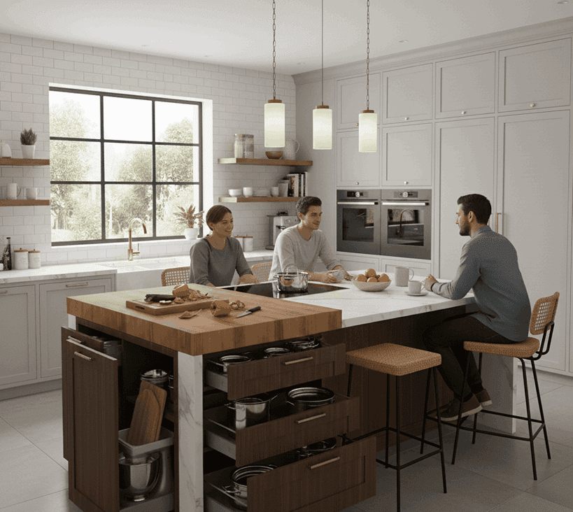 Kitchen island with drawers, cabinets, and functional zones for storage and prep