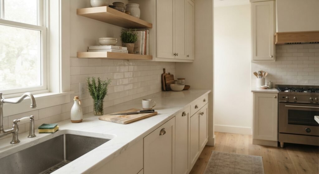 Balanced kitchen design with quartz countertop and neutral backsplash