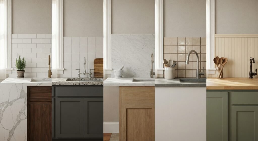 Quartz granite marble laminate and butcher block countertop backsplash combinations