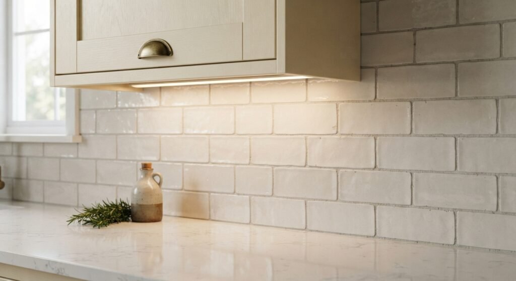 Kitchen backsplash grout cabinets hardware and under-cabinet lighting