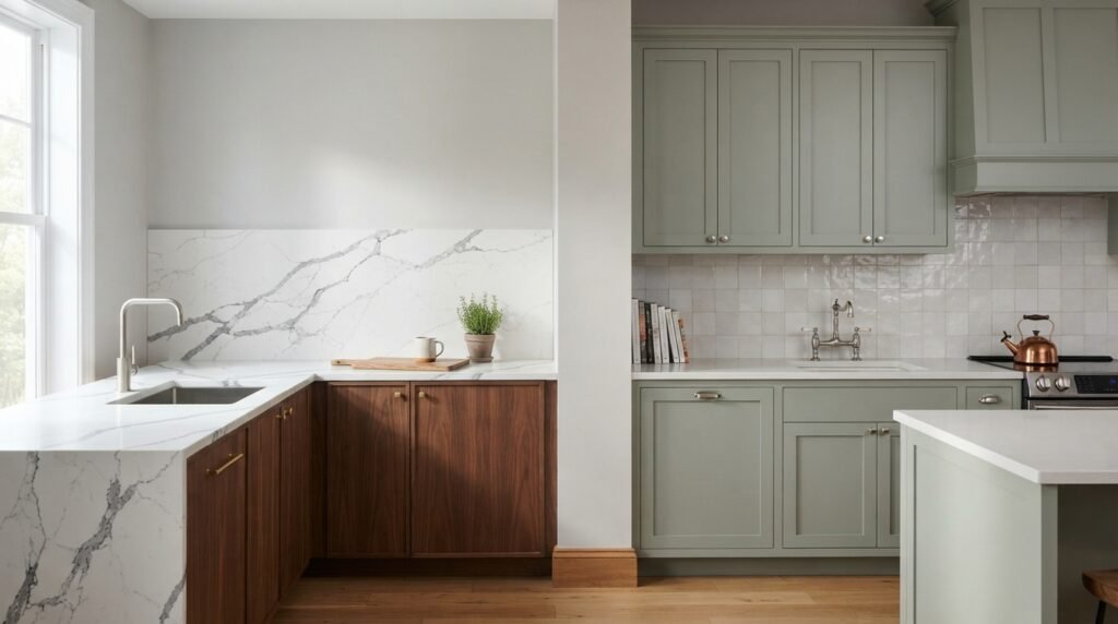Examples of matching kitchen countertops with simple and patterned backsplashes