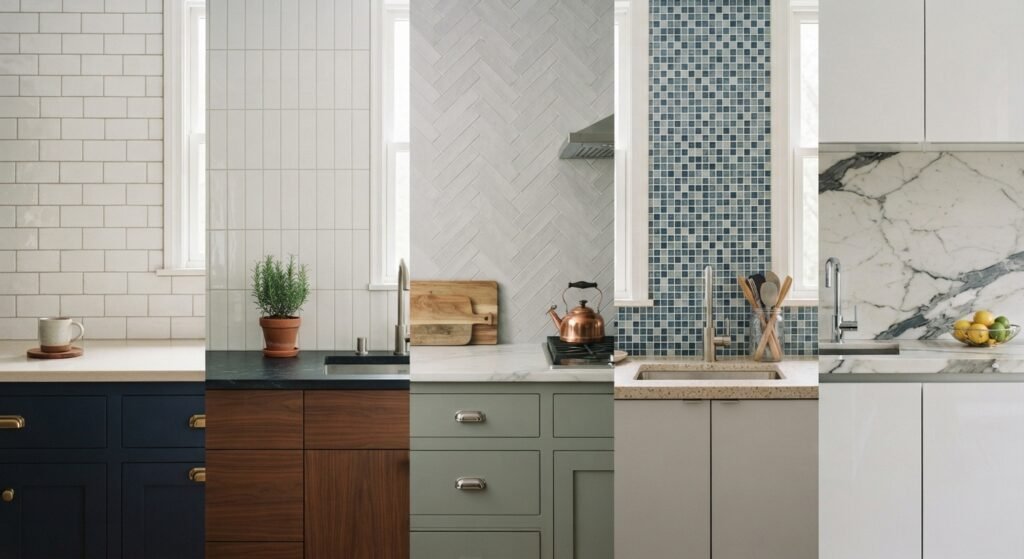 Subway stacked herringbone mosaic and slab kitchen backsplash tile styles