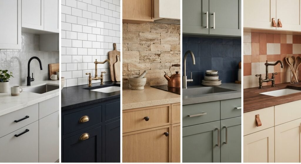 Kitchen countertop and backsplash color combinations with different cabinet styles