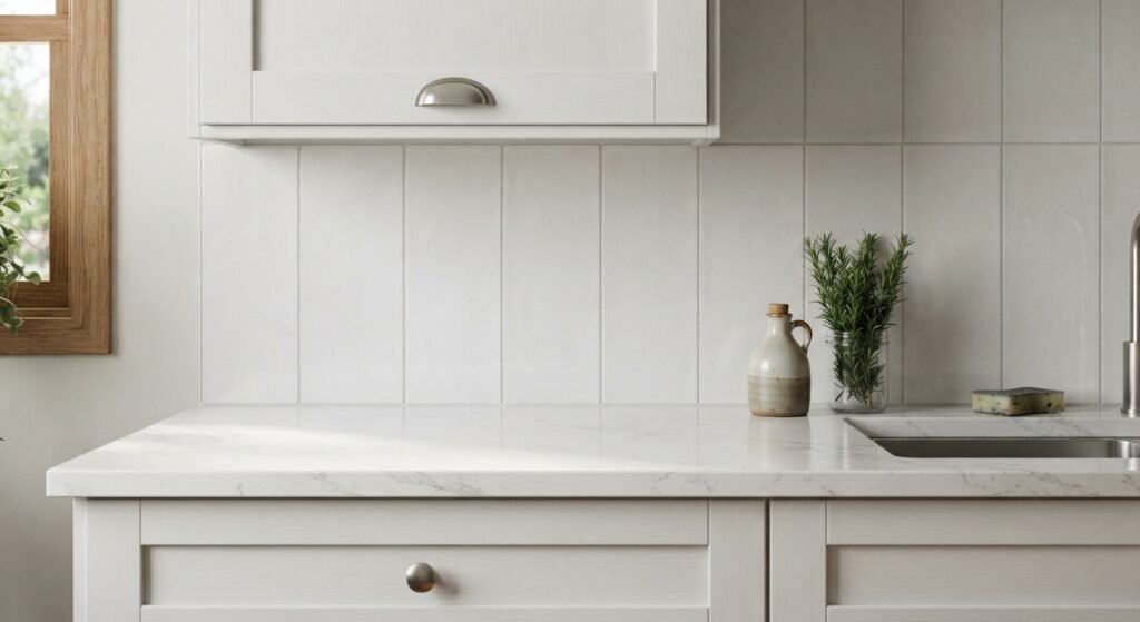 White quartz countertop with easy-to-clean ceramic kitchen backsplash