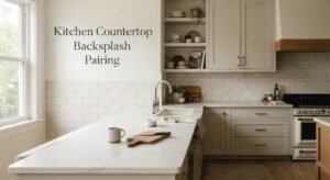 Kitchen countertop backsplash pairing with light quartz countertop and subway tile