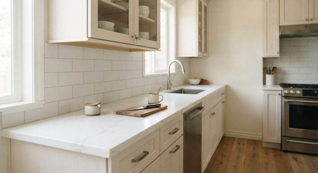White quartz countertop with simple subway tile backsplash