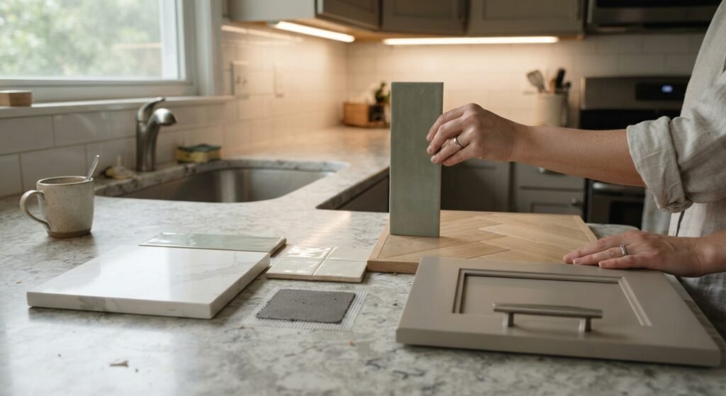 Testing countertop and backsplash samples with cabinet and flooring colors