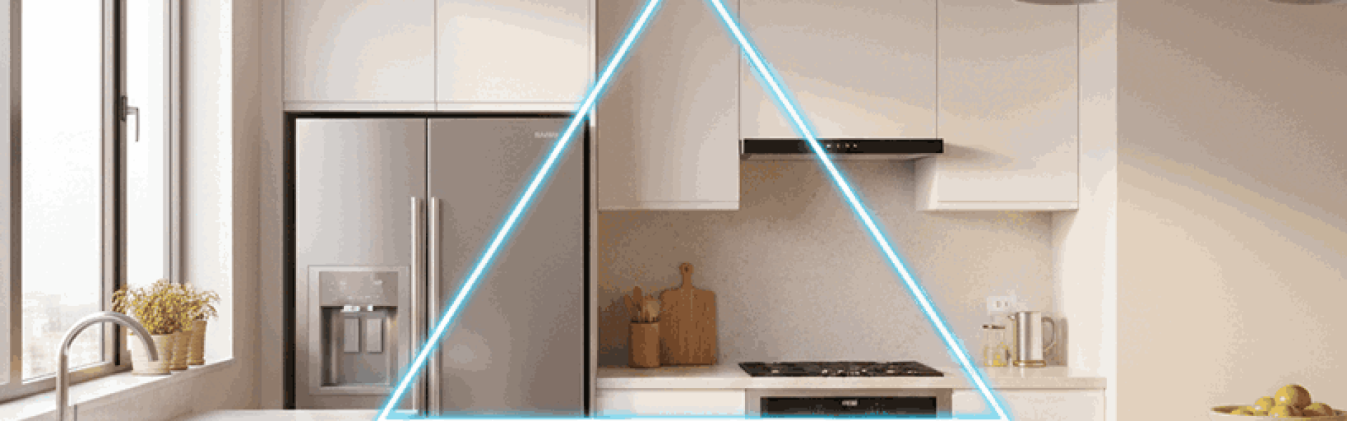 Kitchen showing the work triangle with fridge, stove, and sink for efficient workflow